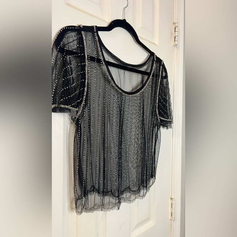 Elegant Black Sheer Beaded Top with Scalloped Edge